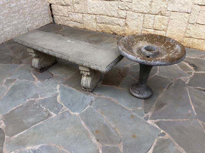 Concrete bench and bird bath