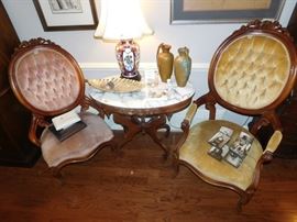 Victorian chairs and marble top Victorian table
