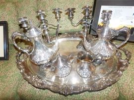 Reed Barton Francis I silverplate tea/coffee service with candles and tray.
