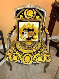 Pair of Versace silk bergere chairs with pillows