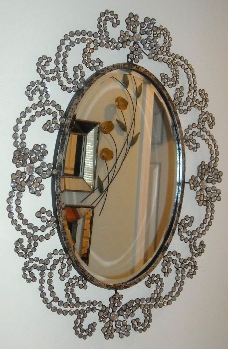 Large oval mirror with faceted crystals surround. Beautiful!
