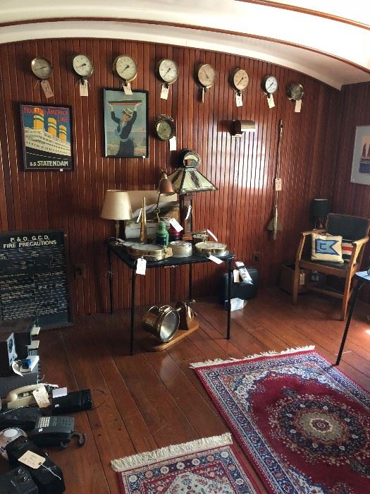 Vintage Nautical brass ship valves, lights, chairs, placards, shelves, chalkboard, Vintage ships electrical instruments and telephones - the pillows and many gauges have sold.