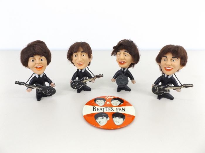 Vintage 1964 Seltaeb Inc. Beatles Dolls, and 4" Beatles Fan Button
