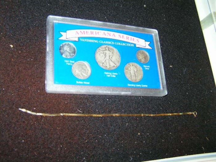 14k gold chain & silver coins