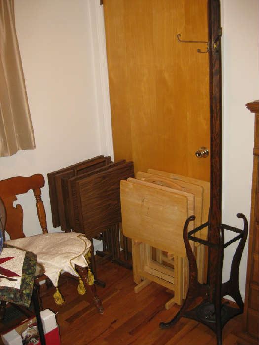 wood TV trays, antique hall tree has umbrella holder