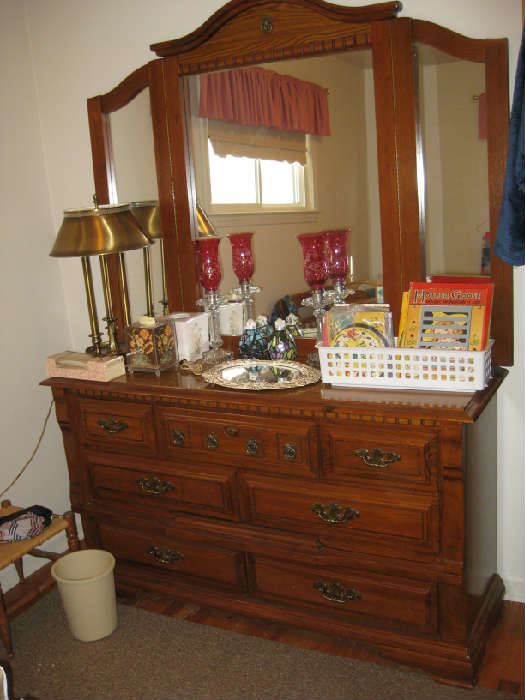  double dresser & mirror,  cranberry flashed lamps need new prisims, nice assortment of vintage story books
