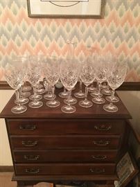 Wood silver chest; crystal goblets