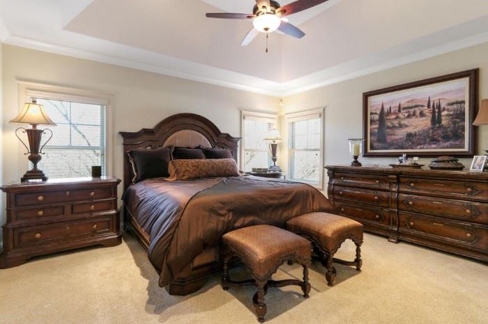Master Bedroom: King Bed, Double Dresser, Bedside Chest and Table, Lamps, and Two stools, ALL Matching.  Also Two King Bedding Set(s), one in brown shown here 