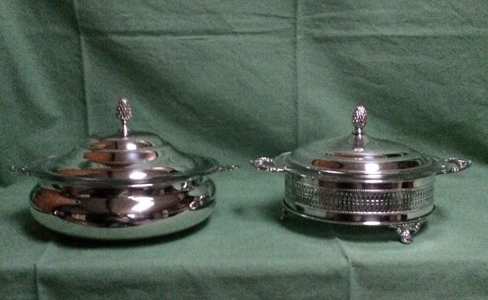 Two Brilliant Silver Plate Casseroles with Glass Inserts