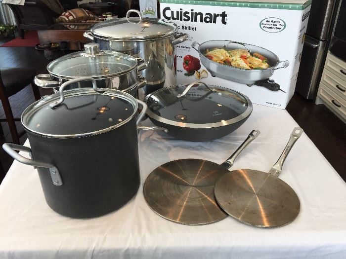 Large Cooking Pots, Steamer Pot, VonShef Stainless Steel Induction Heat Diffusers,  Cuisinart Electric Skillet (still in box)