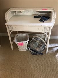 Small wicker vanity desk with matching rocker, waste basket and basket