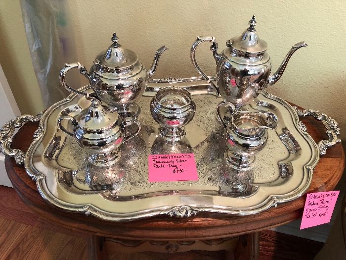 Sterling Silver 5 piece tea set, Tray is silver plate, Gorham "Puritan" Pattern and the tray is very heavy vintage Community pattern.