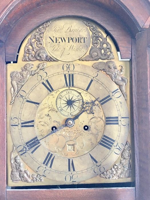 Grandfather's Clock, English, mid-18th Century origin.  Maker: Int'l Banister, NEWPORT - Isle of Wight.  Movement in operating condition.