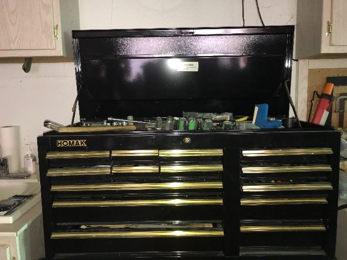 Large HOMAK tool box and TONS of tools and hardware!
