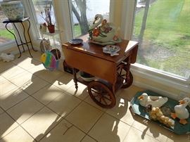 Vintage French Tea /Serving Wooden Cart, Ceramic Swan