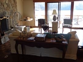 Sofa Table, Brass Candelabra's, Brass Candlesticks, Brass Duck, Holy Bible 1800's 