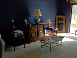 Gold Framed Mirror, Antique Davenport by Ethan Allen, Glass top Oval Coffee Table, Vintage Record Albums, HP Printer, Lamps, 2 Vintage End Tables