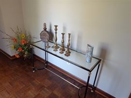 Glass Top Sofa Table, Brass Candlesticks