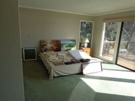 King size Tempur-Pedic Frame & Platform, Linens, Handbags, Wedge, End Table, Lamp, Canvas Art 