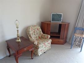 End Table, Brass Lamp, Broyhill Swivel Rocker, Oak Corner Entertainment Unit, TV, 