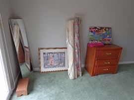 Mirror, Framed Art, Fabric Bolts, Night Table