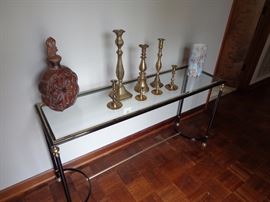 Glass Top Sofa Table, Brass Candle Sticks