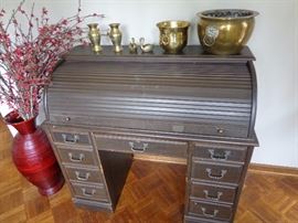 Antique Roll Top Desk, Brass Decor