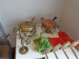 Fondue, Candelabra, Brass Stocking/Wreath Holders, Christmas Stockings