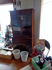 Cherry China Cabinet, White Wicker Basket, Misc