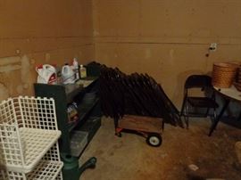 19 Folding Metal Chairs, Storage Rack, Hand Truck