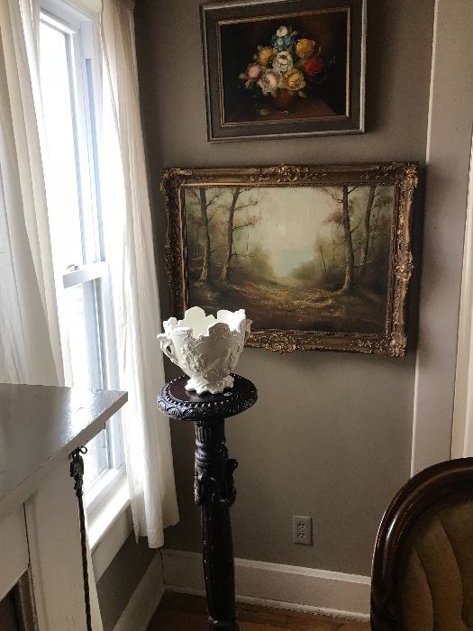 Oil paintings and antique carved mahogany plant stand
