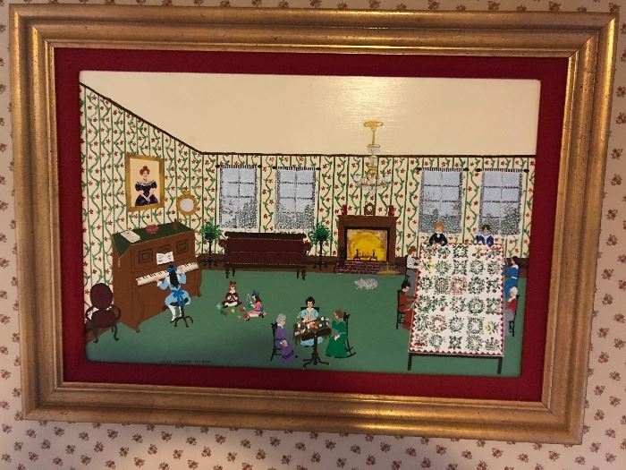 This is a wonderful piece by Baltimore artist Janet Clark. This piece shows Carolyn  Playing the piano why the women work on her wedding quilt to David Martin. The quilt is now in the permanent collection of the Maryland Historic Society in Baltimore Maryland 