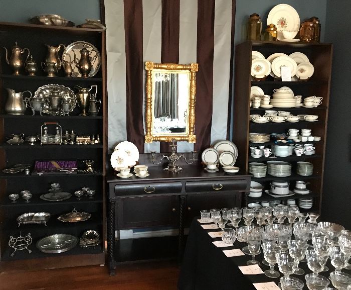 The Dinning Room
24K mirror circa 1840
American Empire sideboard circa
1830
Several sets of china, crystal stemware, and a large selection of Victorian Silver