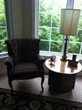 Wing chair, side table, lamp and decorative items