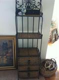 Wrought iron and rattan shelf with drawers