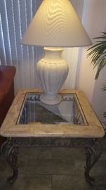 Stone, Glass & Metal End Table, 2 available. Lamp