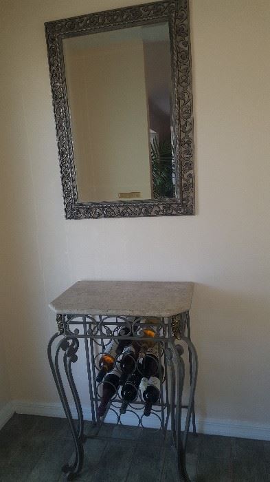 Foyer Table. Stone & Metal with Wine Storage & Wall Mirror