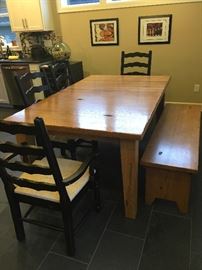 Oak Dining Table with two leafs/ 4 chairs and Oak Bench