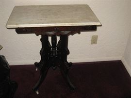 1800's Carved Victorian Eastlake Walnut Parlor Marble Top Center Table