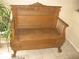 Antique Oak Ornate Parlor Bench with Built-In Storage