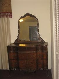 Beautiful 3 Piece Full Walnut & Burl Wood Antique   BR Set - Dresser with Mirror