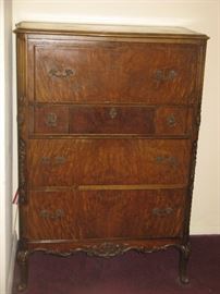 Beautiful 3 Piece Full Walnut & Burl Wood Antique   BR Set - Chest of Drawers 