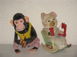 Vintage Wind - Up Japan Toys - Monkey Playing Cymbals & Tin Litho Bear in Rocker with Telephone