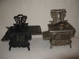 2 Cresent Vintage Antique Cast Iron Miniature Salesman Sample Wood Stoves