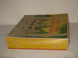 RARE Akro Agate "Play Time Glass Dishes"  Child Dinner Set  28 Piece - there were only 477 sets made in 1935 - MINT IN ORIGINAL BOX!