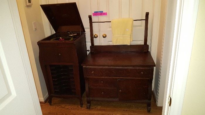 Victrola Record Player w Records and Oak Dry Sink Wash Stand