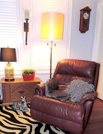 Burgundy Recliner, Side Table and Zebra Themed Rug