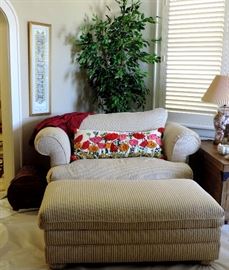 Over Stuffed Armchair and Ottoman with Floral Pillow