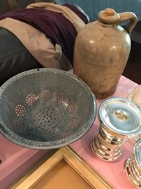 Graniteware Strainer and Old Whiskey Jug