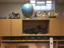 Office collectibles, metal motorcycles.
